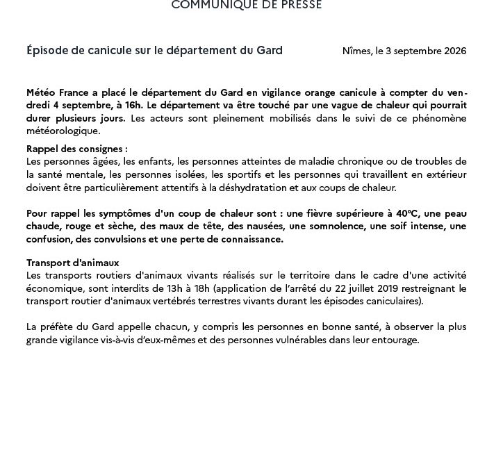 VIGILANCE ORANGE CANICULE – COMMUNIQUE DE PRESSE