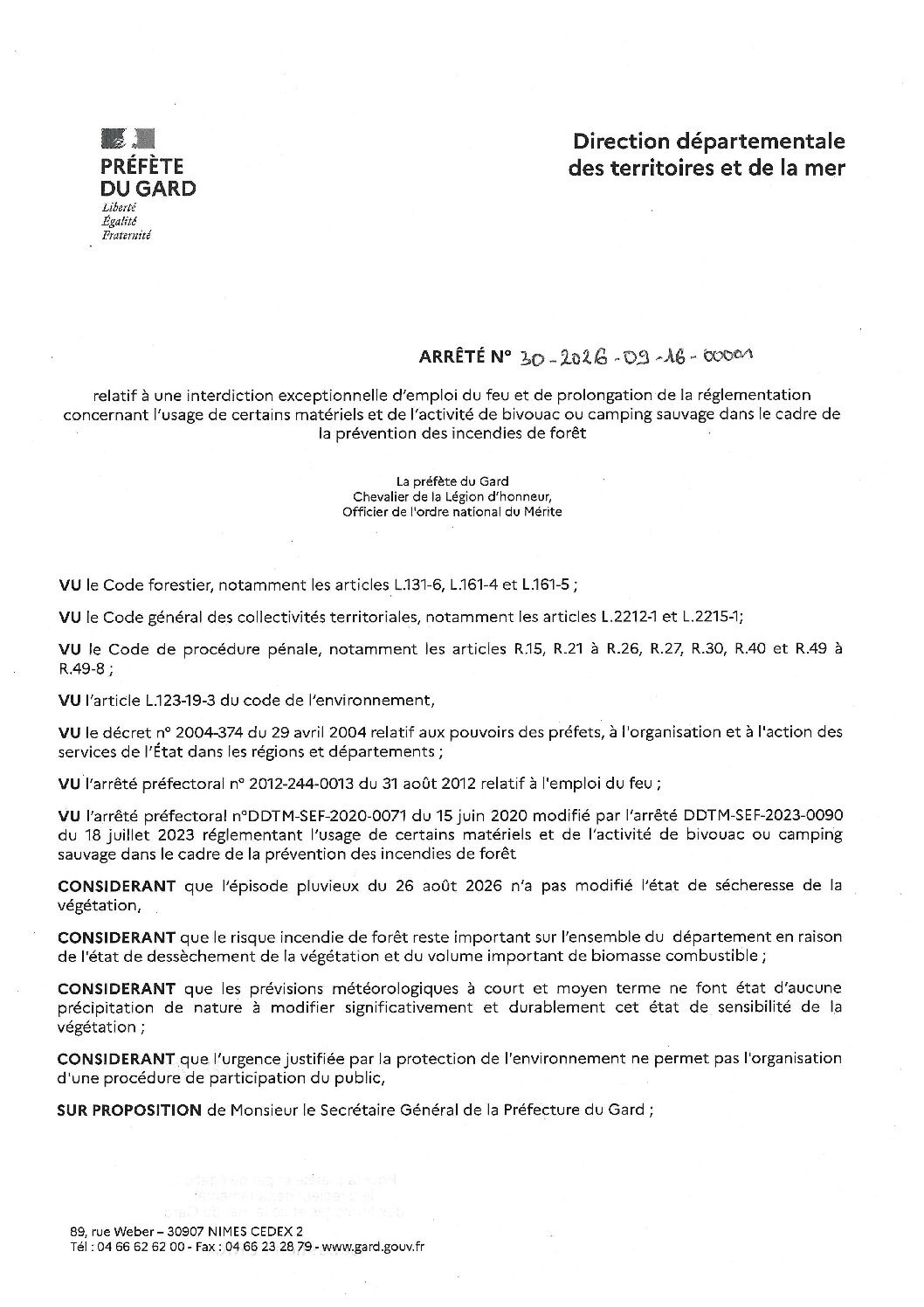 ARRÊTÉ ELATIF A UNE INTERDICTION EXCEPTIONNELLE DE L’EMPLOI DU FEU